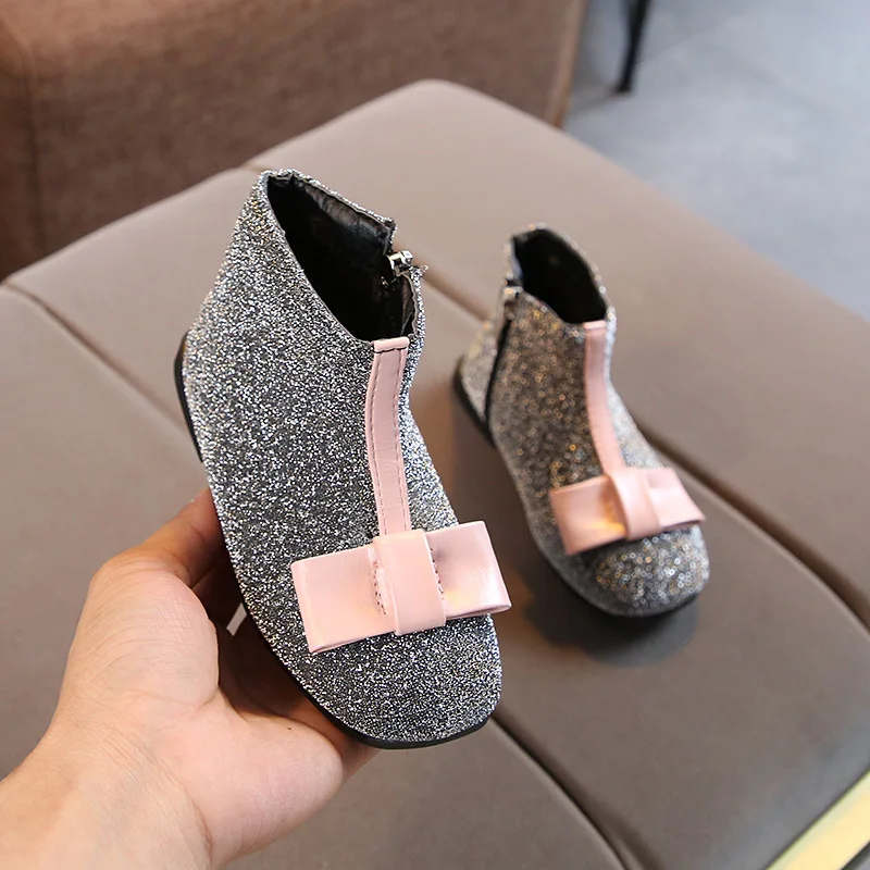 Осень-зима теплый тонкий бархат Блестящий бант ботильоны для маленьких девочек