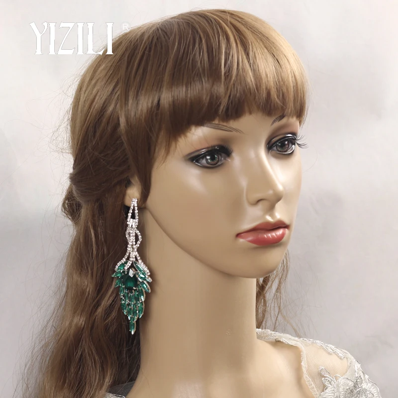 YIZILI Роскошные Длинные массивные висячие серьги зеленые прозрачные стразы серьги для женщин 4 вида цветов выбор Висячие свадебные серьги se075