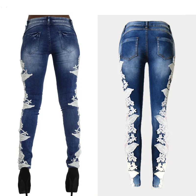 Женские джинсы со средней талией облегающие длинные с кружевной отделкой и