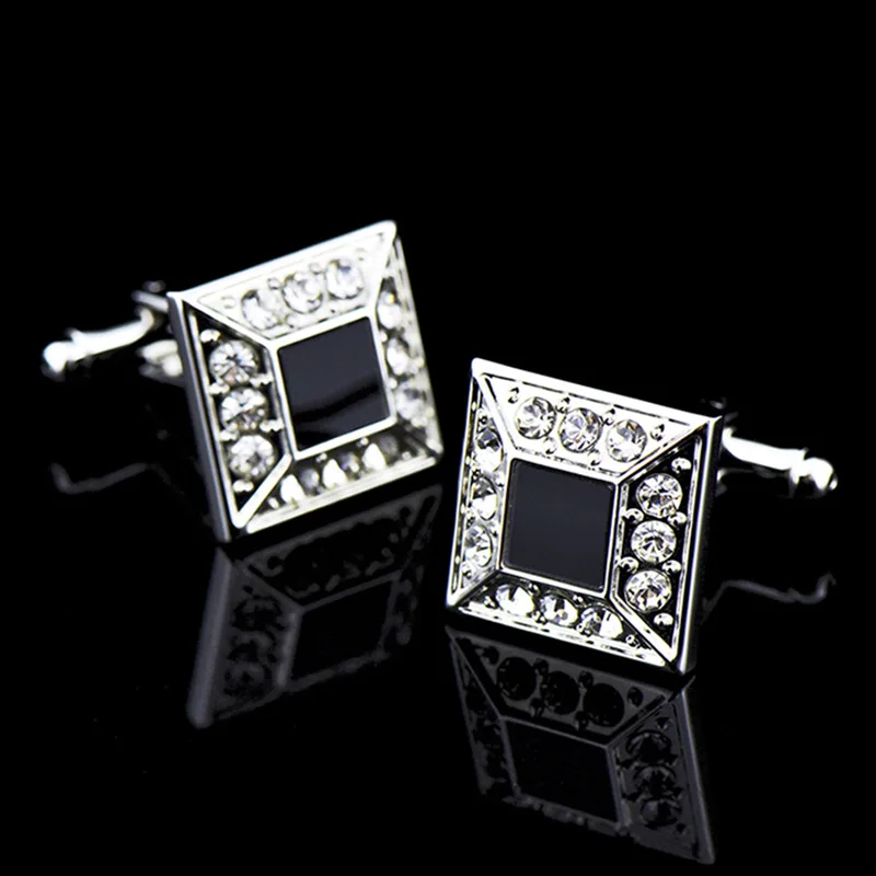Bridegroom Wedding Party Business Men French Shirts Cuff Links Black Glaze Glass Zircon Cufflinks Silvery Cufflink With Gift Bag | Украшения