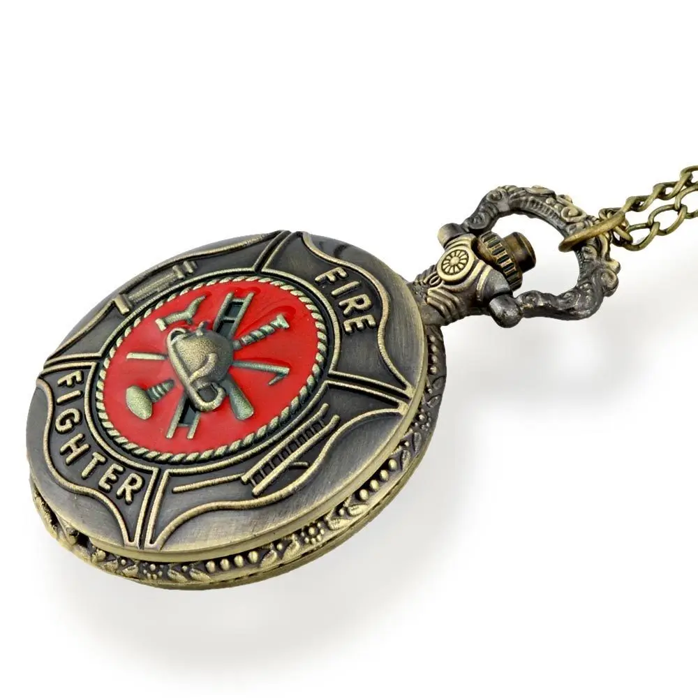 

Vintage Bronze Fob Watch Steampunk Pocket Watch Men Pocket Watch Fire Fighter With Chain Necklace Pendant For Men And Women