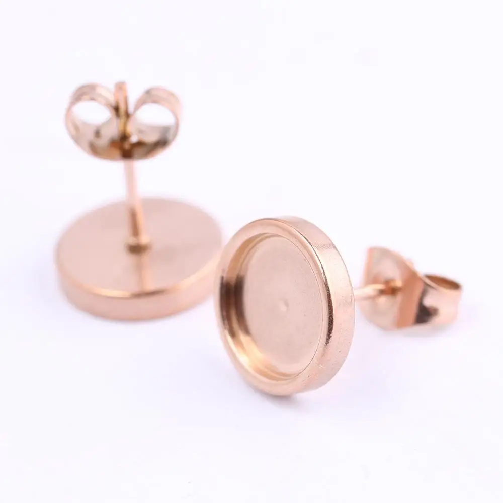 10pcs Rose Gold Black Stainless Steel Post Stud Earring Base Settings 6mm 8mm 10mm Dia Blank Cabochon Bezel Findings images - 6