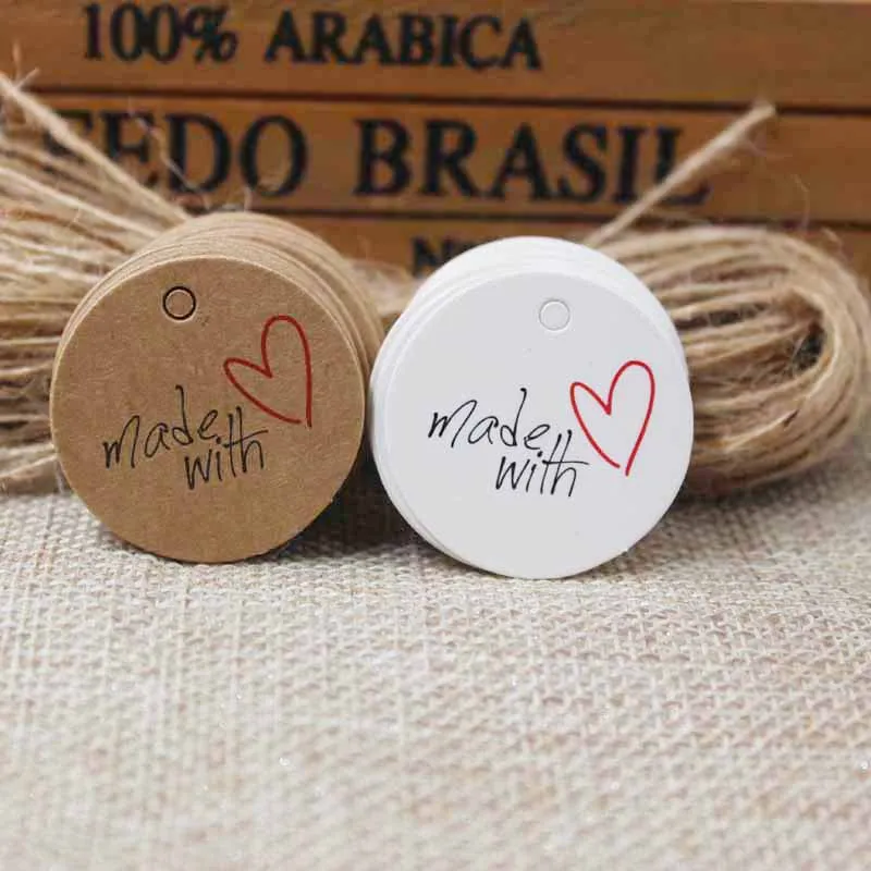 3cm cute thank you label tag ,Made with love paper Kraft/white gift hang tag100pcs +100 string  for gift packing decoration