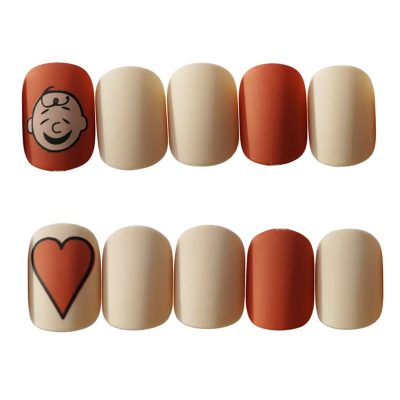 24pcs Korean Orange Love Heart Short Jump Color Fake Nail Round Manicure Art Stickers False Tip With Glue | Красота и здоровье