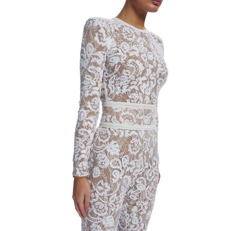 INDRESSME новые женские модные кружевные бандажные комбинезоны, Сексуальные вечерние комбинезоны с круглым вырезом, женские модные длинные белые комбинезоны