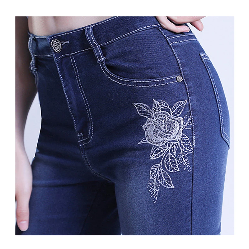 Женские эластичные джинсы FERZIGE мягкие синие с высокой талией и цветочной
