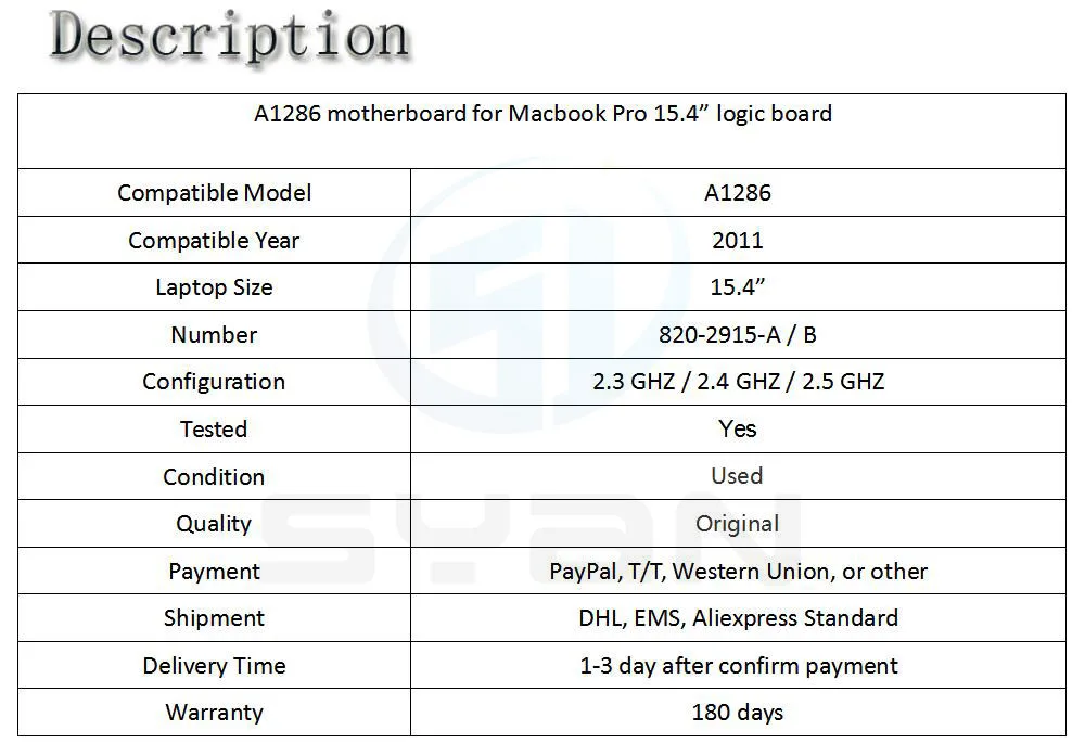 A1286 материнская плата для Macbook Pro 15," i5 2,4 GHZ Материнская плата 820-2915-A 2011