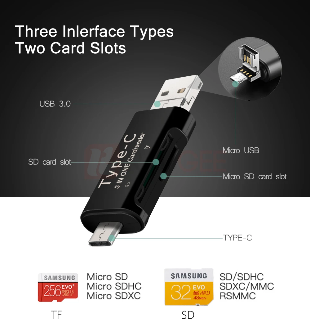 Raugee Micro USB и type-C устройство для чтения карт памяти Универсальный 3 в 1 USB 2,0 SD TF карта адаптер для MacBook PC мобильный телефон