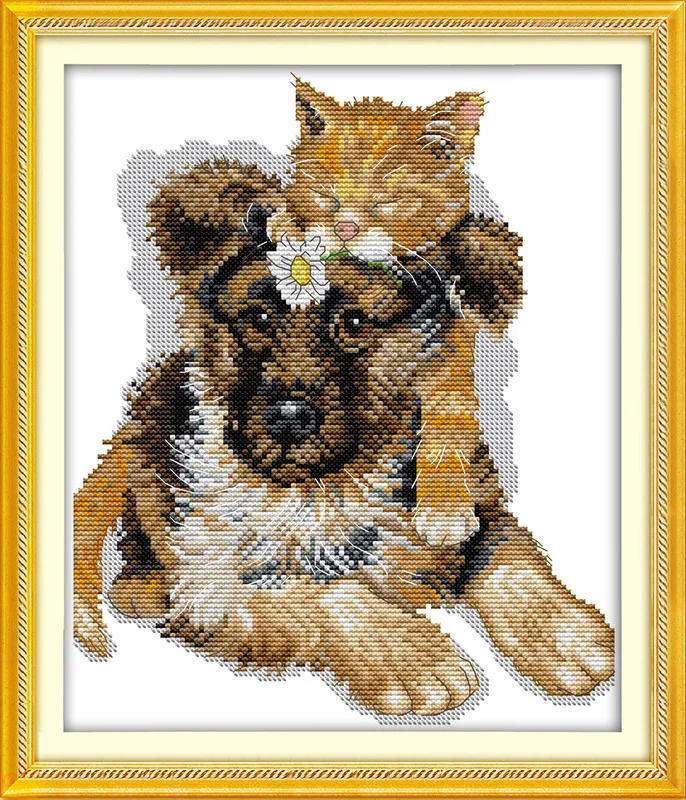 Спящие кошки на собаке напечатанные холсте DMC подсчитанные китайские наборы для