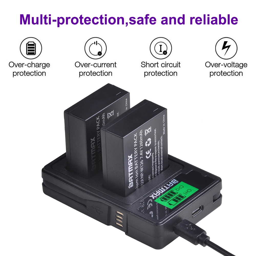 2 шт. NP-W126 NP W126 NPW126 Батарея+ ЖК-дисплей USB Зарядное устройство для ЖК-дисплея с подсветкой Fujifilm FinePix HS30EXR HS33EXR HS50EXR X-A1 X-E1 X-E2 X-M1 X-Pro 1