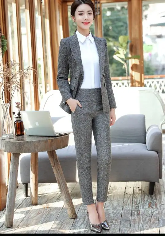 Gray coat and pants Брючные костюмы для деловых женщин Новая Осенняя мода формальный длинный рукав Блейзер и брюки офисная Дамская Униформа размера плюс - Цвет: Gray coat and pants