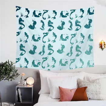 BlessLiving Seashell Tapestry Conch and Mermaid Decorative Wall Hanging Watercolor Blue and Green Beach Theme tapisserie Sheet 2