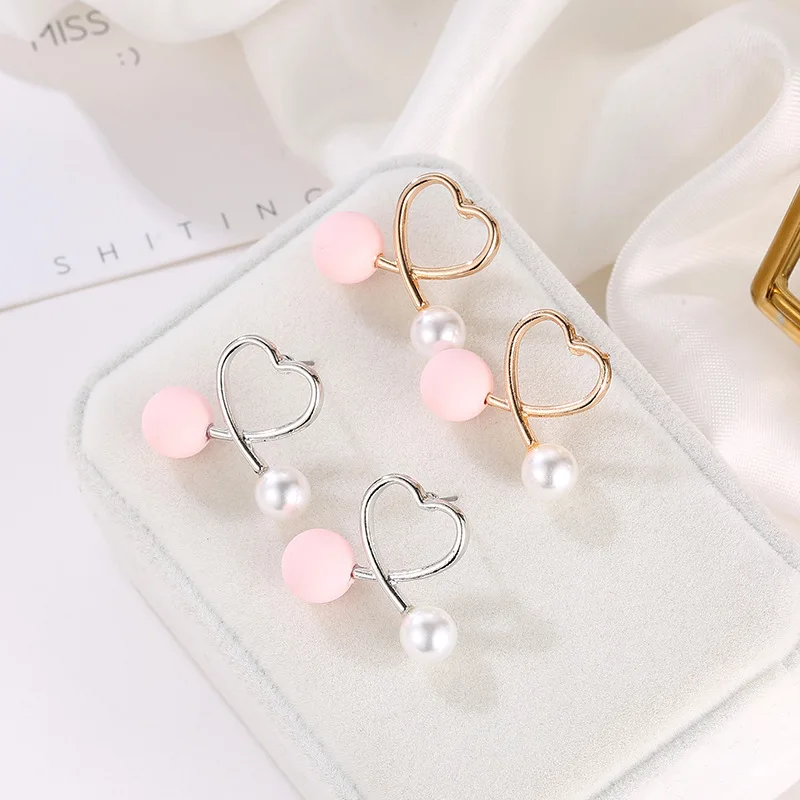 Cute Pink Simulated Small Pearl Earrings For Women Jewelry Accessories Korean Fashion Hollow Love Heart Girl Gift | Украшения и