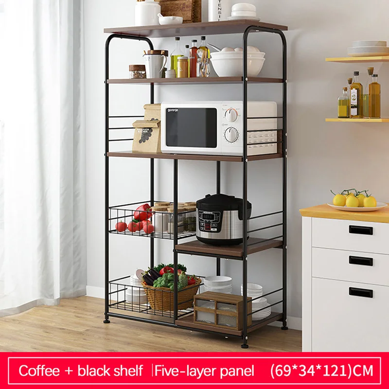 B-5L-coffee 4 слоя древесины Кухня полка Железный искусства хранение кухонной утвари Органайзер стойка полки микроволновая печь для микроволновой печи для специй шкафа мебели - Цвет: B-5L-coffee