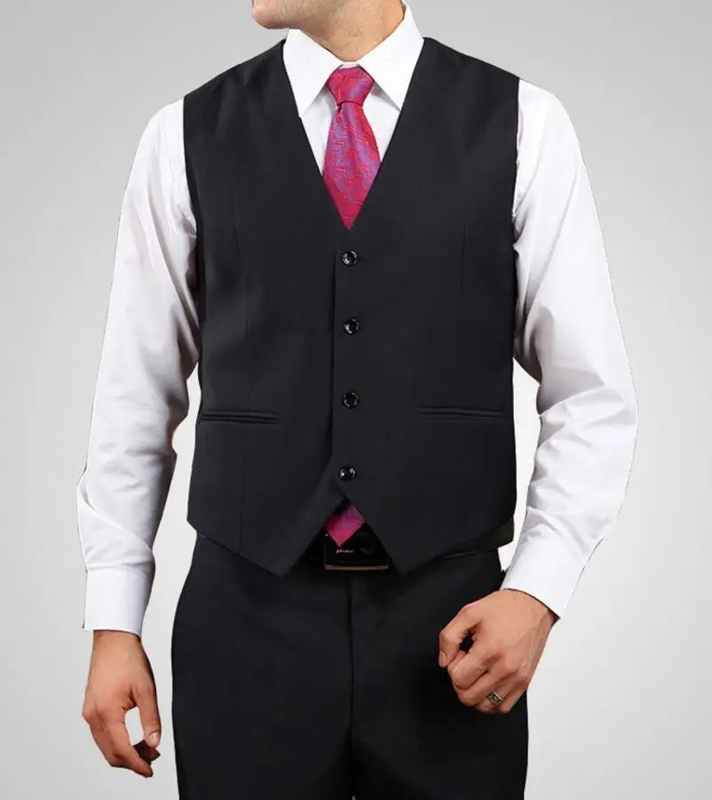 

Four Buttons Black Men's Vest Suits Office Business Vest Groom Wedding Waistcoat AB0012