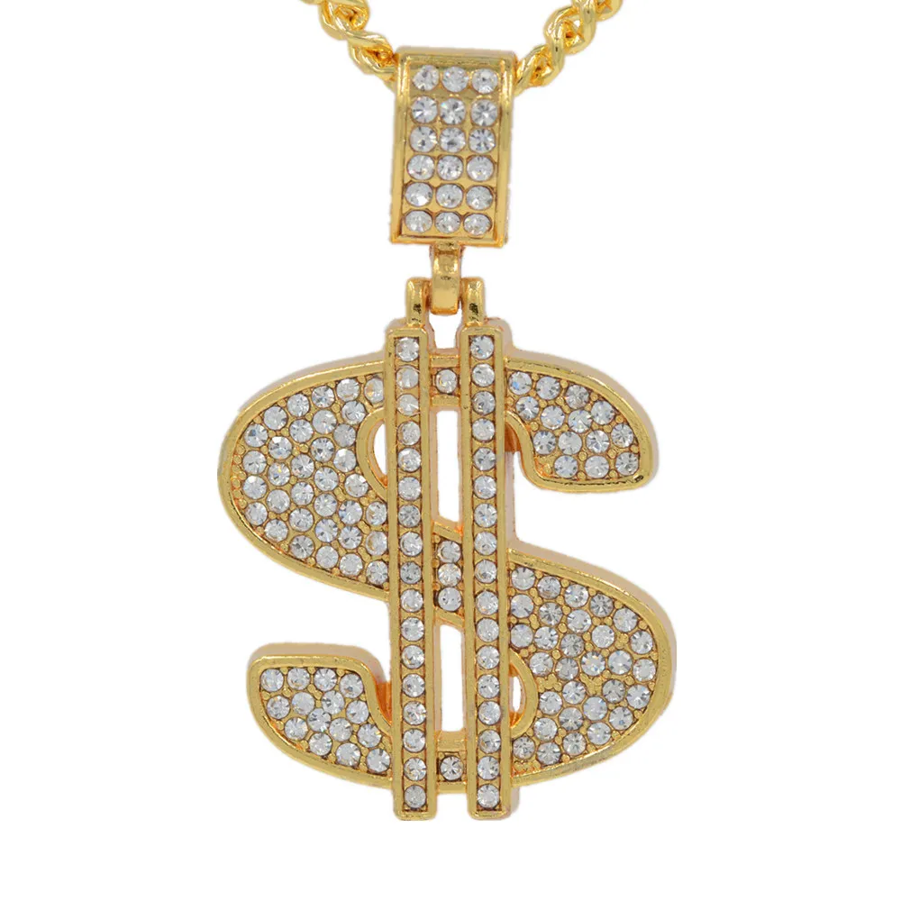 Большой знак доллара ожерелье полный кристалл инкрустированный символ стиль хип