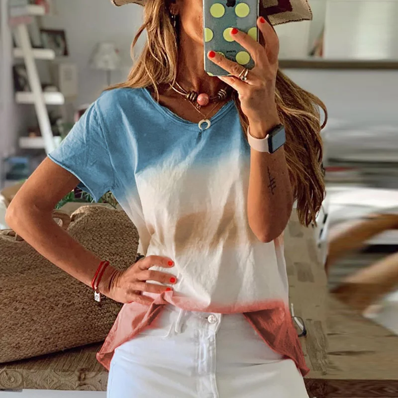 Viensta, 29 цветов, модная, градиентная, цветная, с принтом, блузка, рубашка, для женщин, плюс размер, Круглый ворот, летние топы, новинка, короткий рукав, Boho Blusas, 5XL