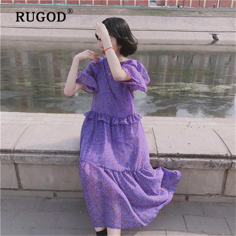Женское шифоновое платье RUGOD Fantasy фиолетовое свободное с цветочным принтом и