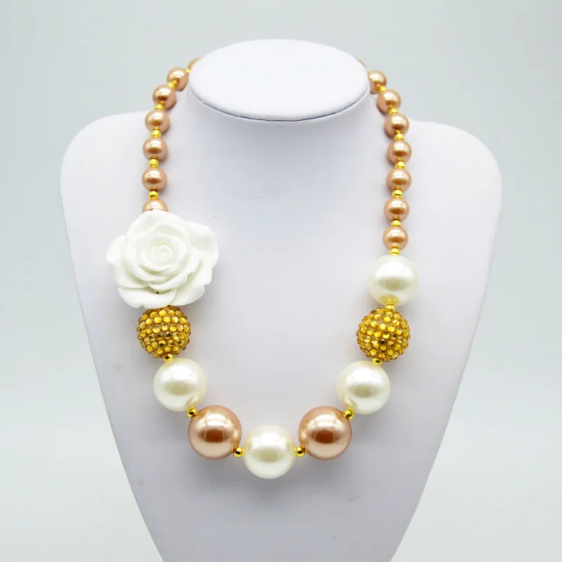 

wholesale 5PCS White rose kids chunky bubblegum beaded necklace,newest design handmade for child girl DIY jewelry