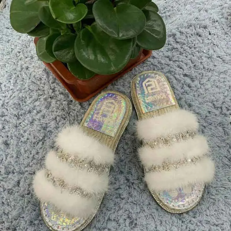 as picture 02 Г., новые тапочки из меха норки льняные соломенные пляжные шлепанцы летние меховые тапочки с перфорацией, женская обувь - Цвет: as picture 02