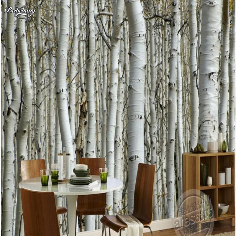 beibehang Custom large fresco high-end atmospheric birch woods shocked 3D TV backdrop  ultra-green wallpaper papel de parede