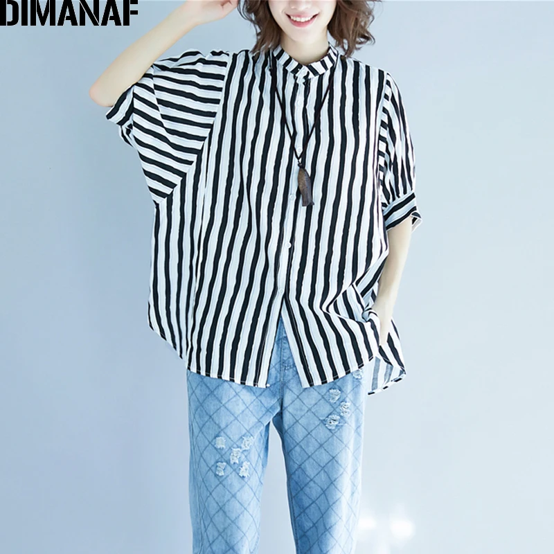 Блузка DIMANAF женская летняя хлопковая с принтом в полоску большого размера|Блузки|