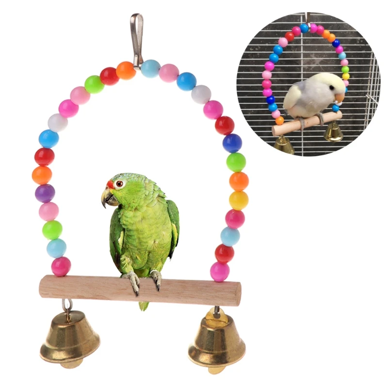 

Natural Wooden Hanging Swing Cage With Colorful Beads Bells for Birds Perch Parrots