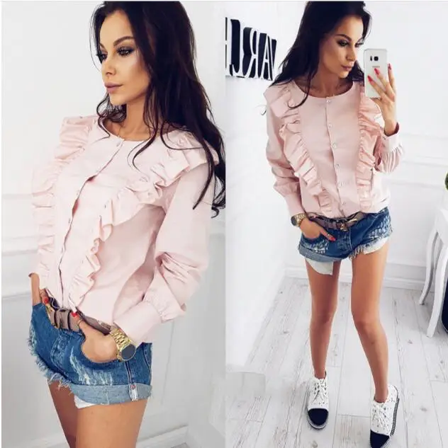 Women Blouse Autumn New Fashion Blue Striped Slim  Casual O-neck Long Sleeve Ruffle Shirts Office Ladies Button Tops