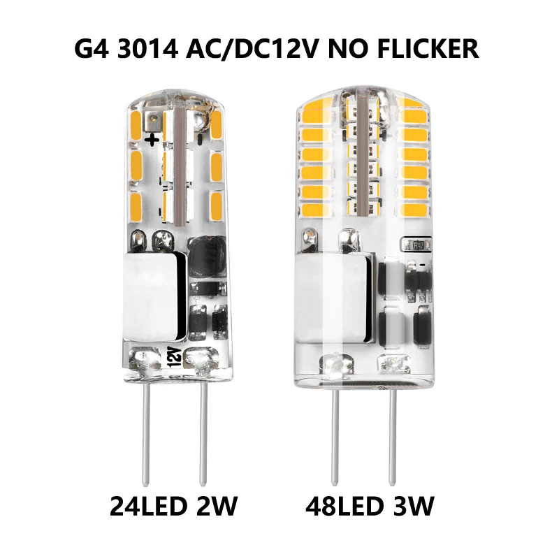 

Мини-лампа-кукуруза G4 2 Вт 3 Вт SMD3014 24 СВЕТОДИОДА/48 светодиодов AC/DC12V теплый чистый белый 200/360 лм, силикагель градусов, 5 шт./лот