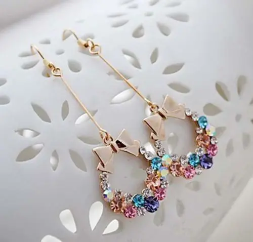 Мода 2014 многоцветный кристалл горного хрусталя бантом длинные мотаться серьги