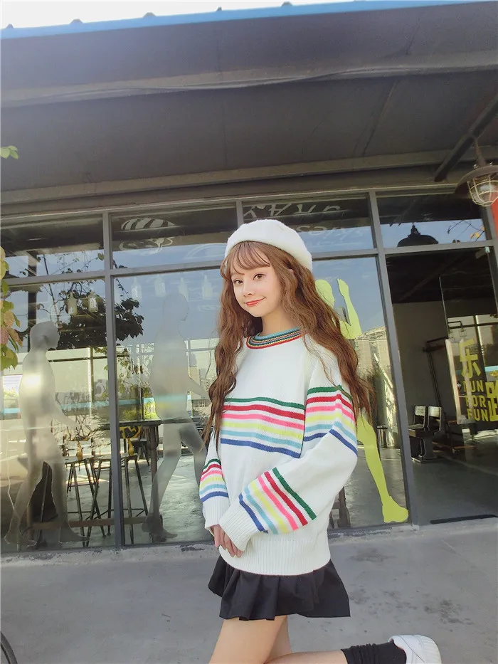 Winter Women's Clothing Lovely Sweet Rainbow Stripes Long Loose Sleeve Sweater Women Harajuku Pullovers | Женская одежда