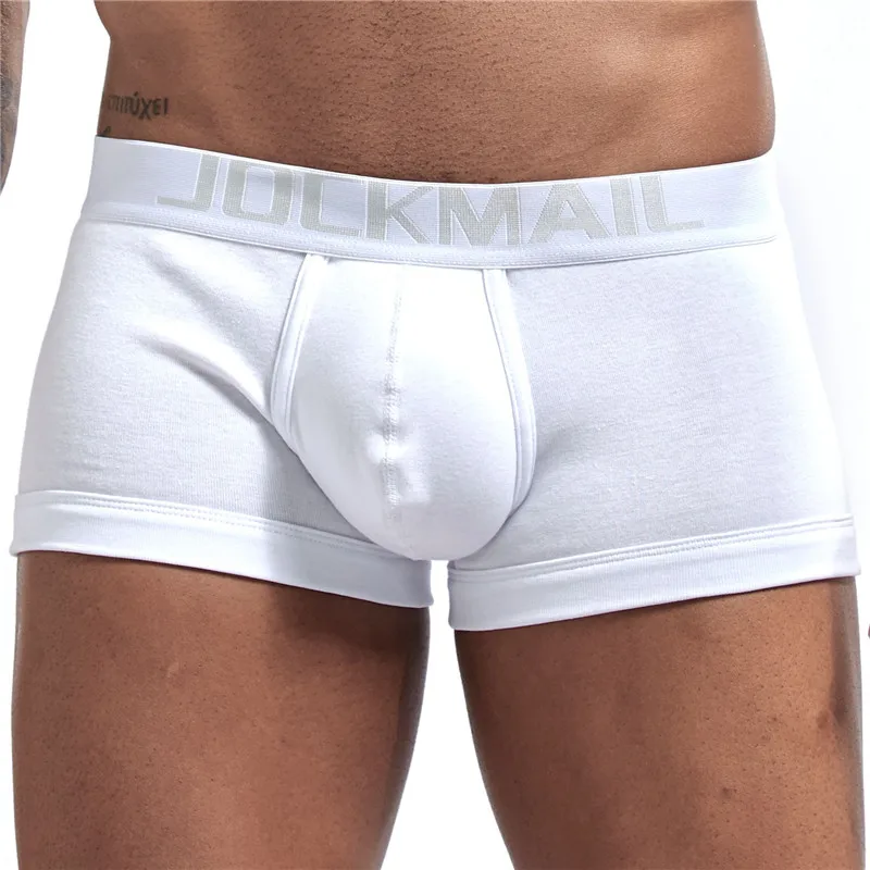 JOCKMAIL, фирменное хлопковое сексуальное мужское нижнее белье, мужские боксеры, одноцветные, черные, белые, серые, с низкой талией, u-выпуклые, спортивные, удобные штаны, мужские боксеры - Цвет: Белый