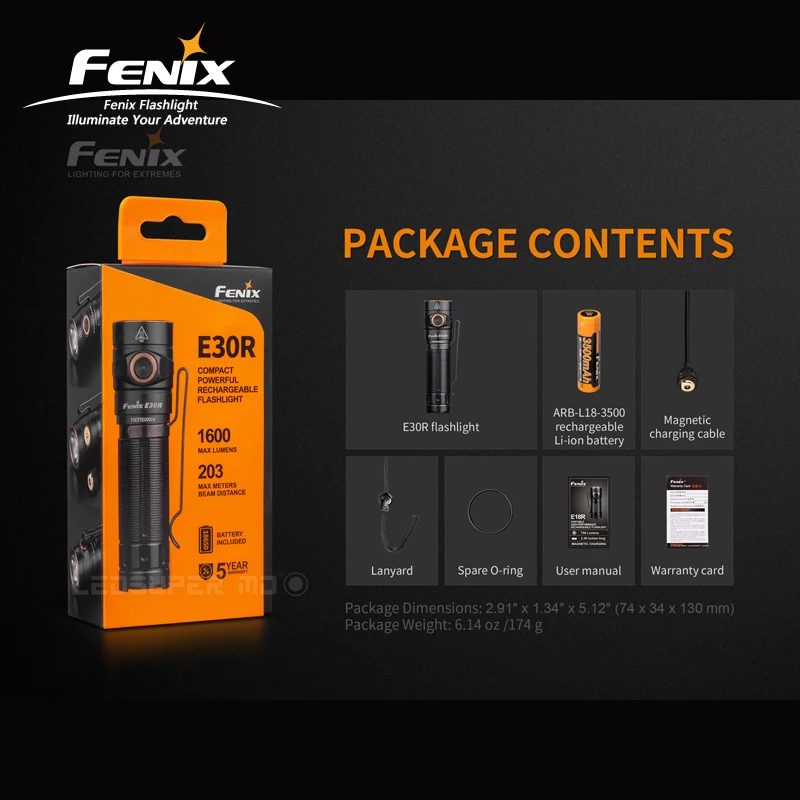 Магнитный заряжаемый фонарик Fenix E30R 1600 люмен с литий-ионным аккумулятором ARB-L18-3500 3500 мАч