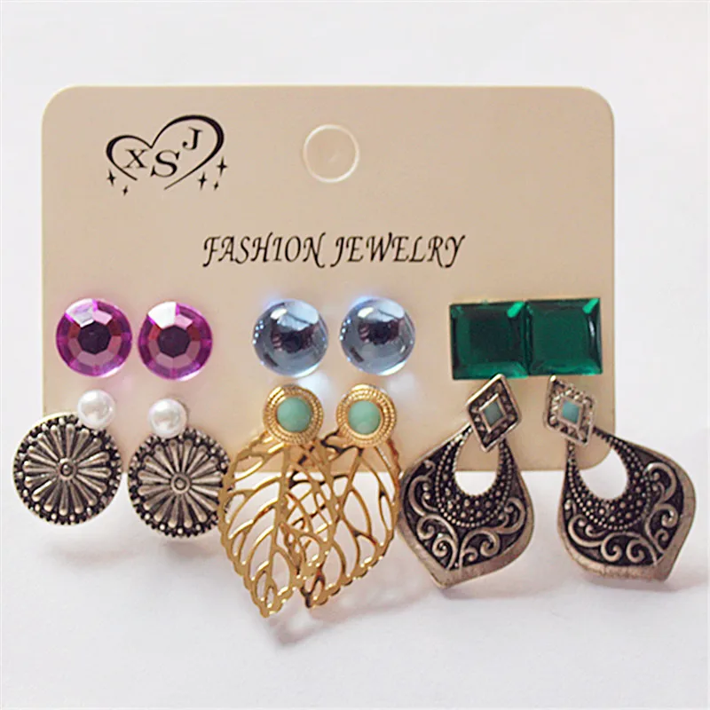 New fashion women jewelry wholesale girl boho earrings beautiful pink/ green mix type 9 pairs / set gifts free shipping | Украшения и