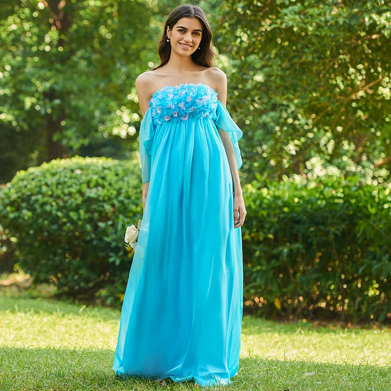 Платье для подружки невесты без бретелек голубое с аппликацией|custom bridesmaid