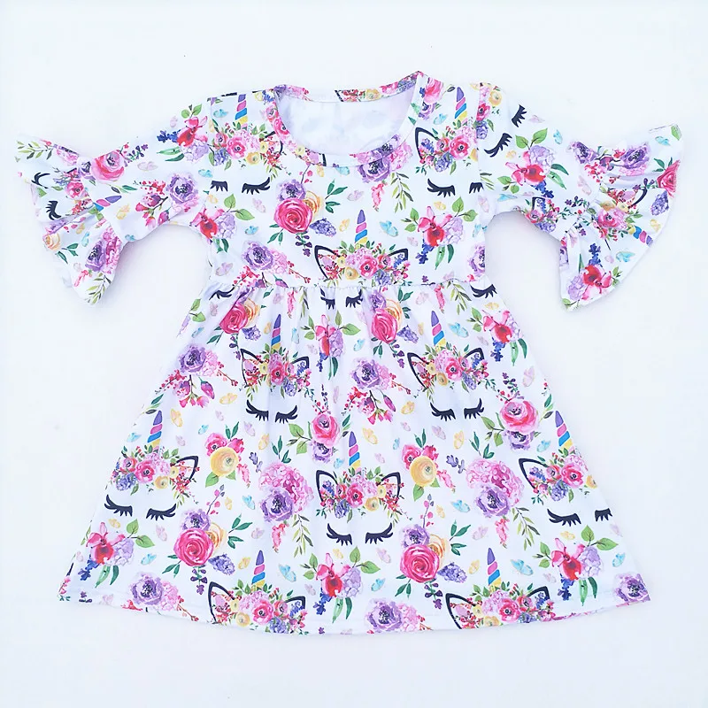 2018 Summer Clothing Girls Kids Dress New Arrival Hot Sell Unicorn Milk Silk Dresses 12m to 7T Available Floral Printed | Детская одежда