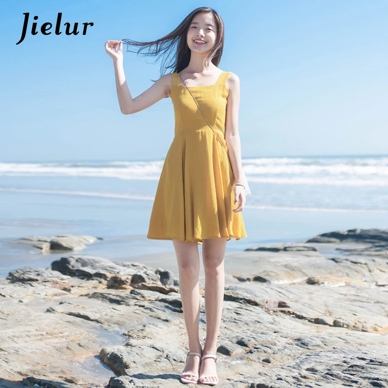 Jielur новый летний корейский для отдыха желтый Для женщин платья однотонное без