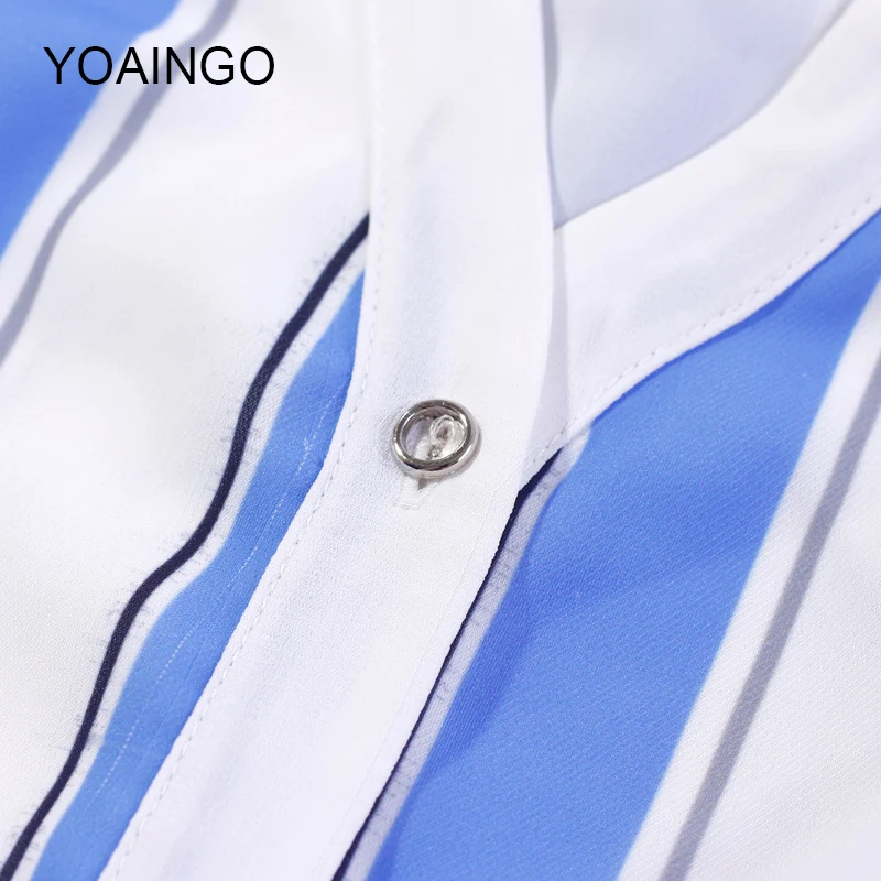 Лето 2017 г. платье Бутик Дамы Полосатый V воротник Однобортный средней длины