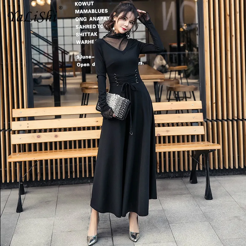 Женское платье трапеция до щиколотки однотонное черное Клубное с длинным