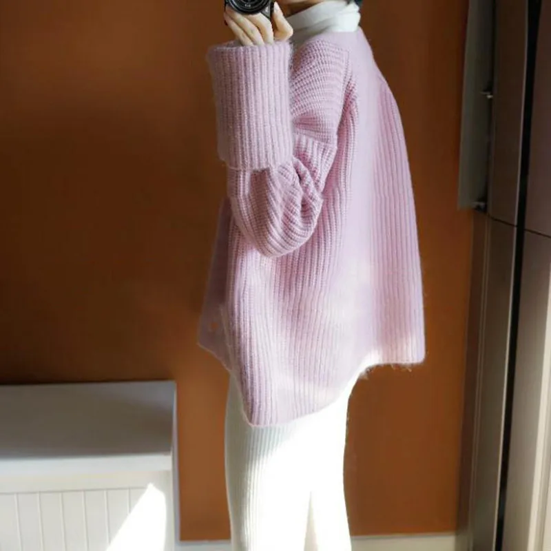 

Japanese style loose cardigan women's spring was thin V-neck wool knitted cashmere sweater wild thick needle jacket solid color