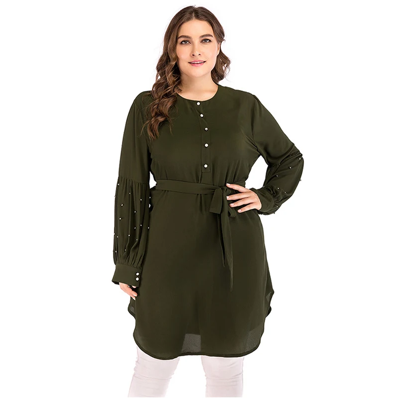 4XL 5XL размера плюс женские блузки зеленые летние с бусинами с длинным рукавом и пуговицами Туники женские топы индонезийская длинная шифоновая блузка - Цвет: Зеленый