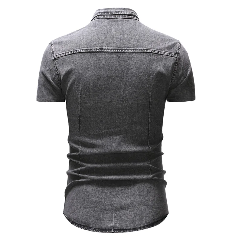 Мужская джинсовая рубашка с коротким рукавом повседневная приталенная