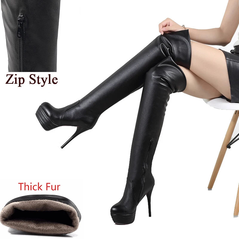 black 2 thick fur ALLENLYNN/модные высокие сапоги выше колена размера плюс 32-46 Женская Весенняя пикантная обувь на тонком высоком каблуке, женская обувь на платформе - Цвет: black 2 thick fur