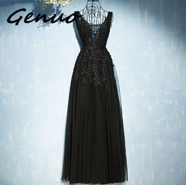 Genuo Новое сексуальное платье с v-образным вырезом Robe De Soiree Высокое качество Серый Тюль с аппликацией платья настоящая фотография vestido de festa