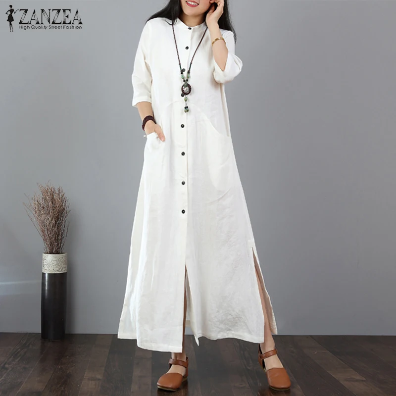 Женское винтажное длинное платье ZANZEA однотонное Хлопковое платье-кафтан с