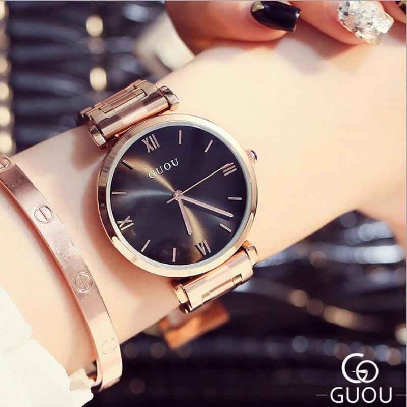 GUOU часы Для женщин лучший бренд класса люкс из розового золота качество Часы Мода