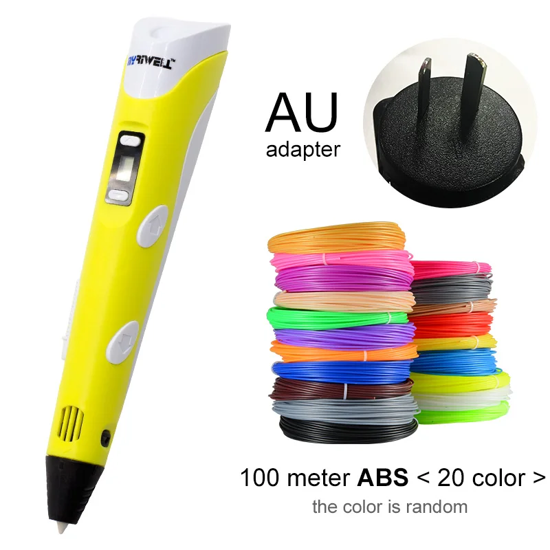 Myriwell, 3D ручка, светодиодный экран, сделай сам, 3D Ручка для печати, 100 м, ABS нити, креативная игрушка, подарок для детей, дизайнерский рисунок - Цвет: Yellow AU-100m ABS