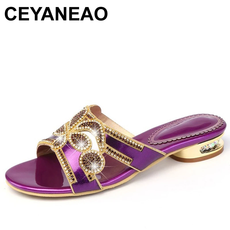 

CEYANEAO Shoes Woman Slides Purple And Golden 2019 Summer Women's Rhinestones Beads Slippers High Heels Sandals Bohemia E1655