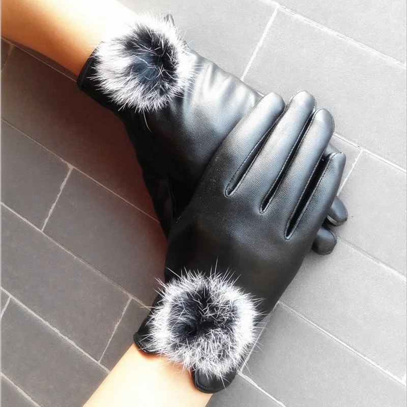 Кожаные женские зимние перчатки элегантные теплые из кроличьего меха Luvas