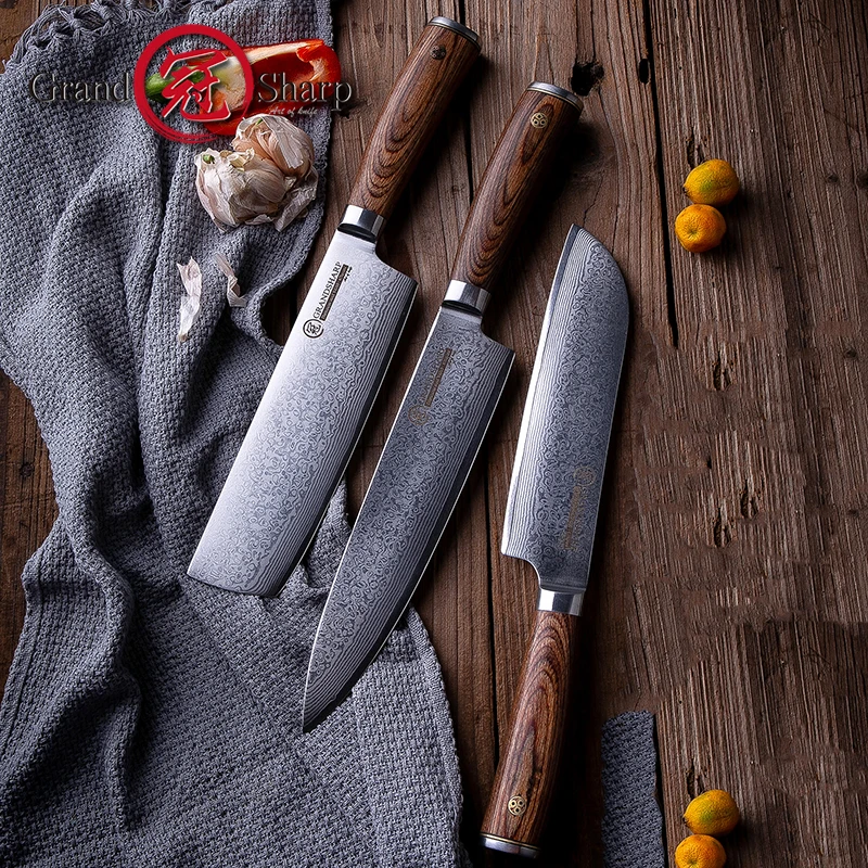 3 шт. наборы кухонных ножей VG10 японский Дамасская сталь шеф-повара Santoku Nakiri Дамасские кухонные ножи инструменты Подарочная коробка Grandsharp